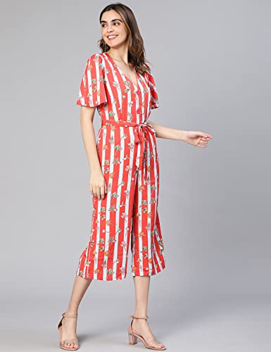Image of oxolloxo Women Stripe & Floral Print Tie-Knotted Polyester Jumpsuit