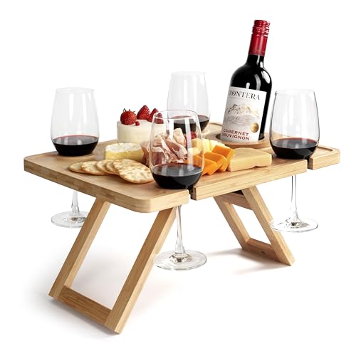Outdoor Wine Picnic Table, Wooden Folding Picnic Table with Glass...