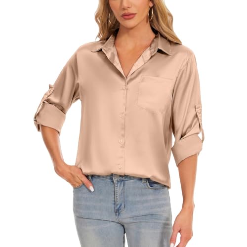 Atxnn Camicia Donna Elegante Top a Manica 3/4 Blusa in Raso di Seta Camicetta Primavera da Lavoro Lunga con Scollo a V
