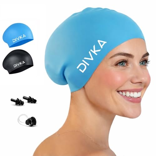 DIVKA 2 Pack Silicone Swim Caps for Women and Men – Waterproof Long Hair Swimming Caps for Adults...