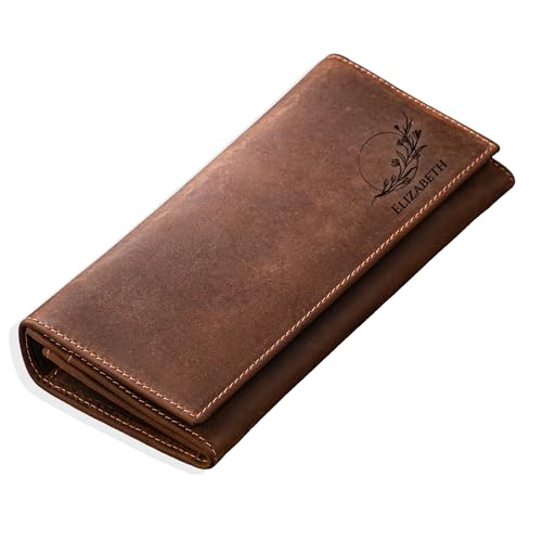 FRED PARKER Custom Leather Wallet for Women – Personalized Cowhide Long Wallet, Handmade Trifold Wallet with Card Slots, Stylish Gift for Her (Customizable, Gray, 7.8x3.7)