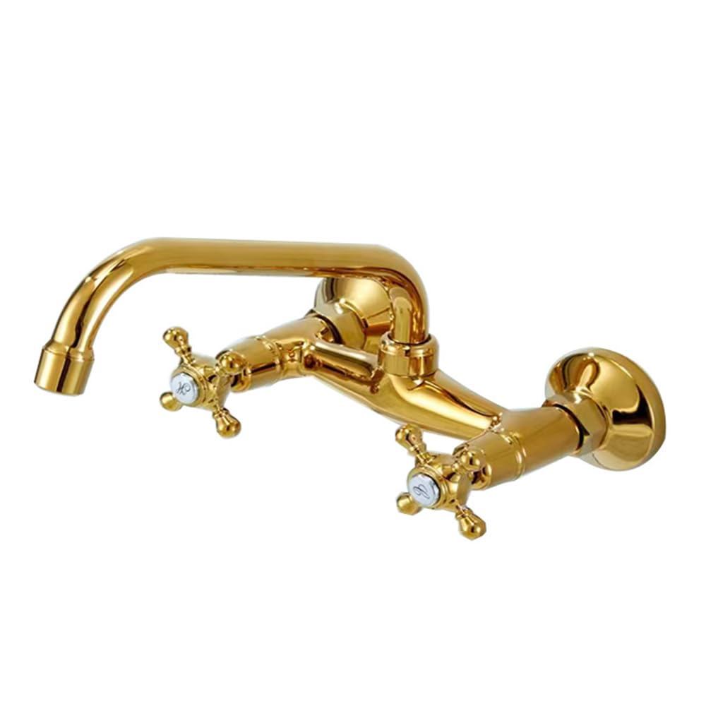 Grifo de pared para cocina (latón) | Grifo mezclador de doble mango, color dorado