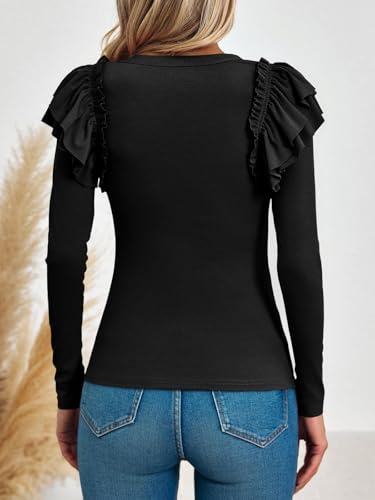 Image of Tankaneo Womens Ruffle Long Sleeve Shirts Fitted Ribbed Knit Tops Fall Casual Crew Neck Tees