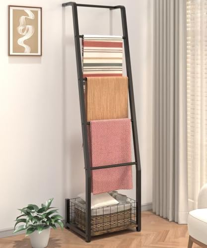 Ansionsol 6.3ft Blanket Ladder with Storage Basket, 5 Tier Decorative Ladder Shelf Stand for Living Room & Bedroom, Wall-Leaning Blanket Holder Quilt Rack for Home Décor, Rustic Brown & Black