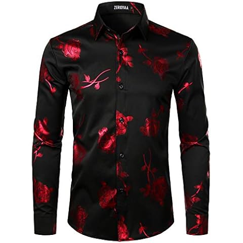 ZEROYAA Mens Hipster 3D Rose Deign Slim Fit Long Sleeve Button Up Dress Shirts ZZCL22 Black Red Medium Cover