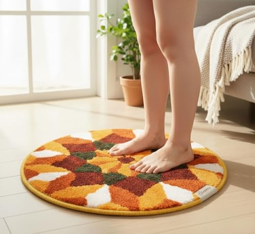 Image of Rangoli (60x60 cm) Super Soft Microfiber Decorative Mat Anti-Skid Door Mats for Home /Bathroom Mat /Bedroom /Kitchen /Floor Mat (Maroon & Orange)
