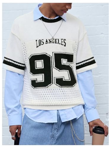 WDIRARA Men's Number Letter Graphic Sweater Crewneck Half Sleeve Pullovers Knit Top4