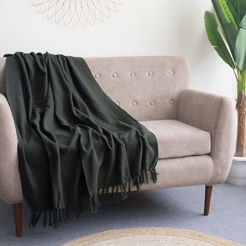 Image of Cotton Sofa Throw Blanket with Tassels 50x60 Inches Decorative Bed Throw for Living Room & Couch (Dark Green, Pack of 1)