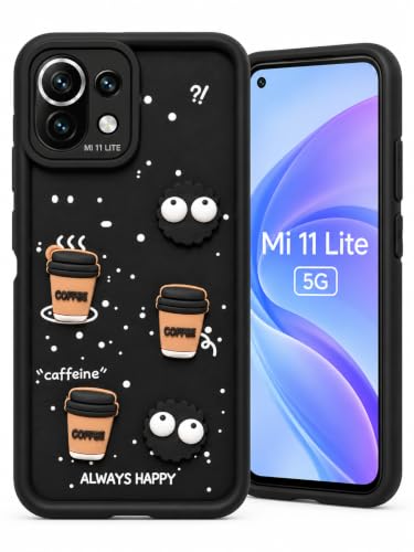 Image of Bintage Back Cover Compatible for Mi 11 Lite NE /Mi 11 Lite 5G | Cute Fun Ball | 3D Taddy Smiley Coffee | Milk Case | Full Body Protection - Black