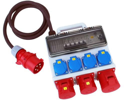 CEE Stromverteiler Baustromverteiler Wandverteiler CEE 32A / 400V auf 1x32A 2x16A und 4x230V FI-Absicherung und Tragegriff