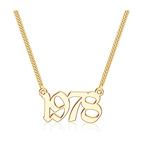 Birth Year Number Necklace, 14k Gold Plated Old English Necklaces Personalized Birthday Jewelry for Women Daughter Teen Girl Sister Cover