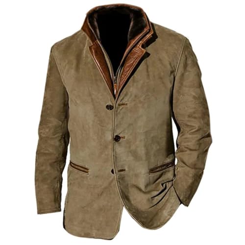 Men's Faux Suede Blazer Leather Jacket Button Up Notch Lapel Sport Coat Vintage Distressed Cargo Coat Tops with Pockets4