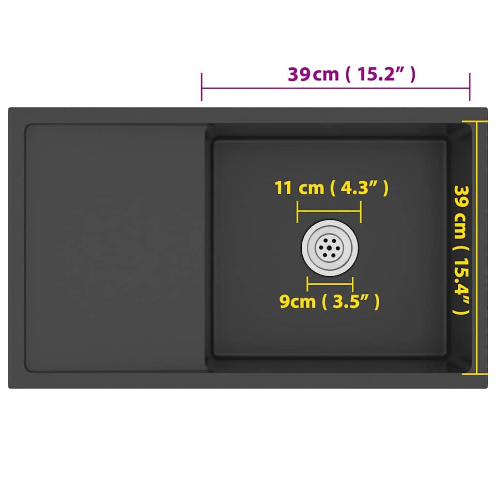Lavello da incasso fatto a mano, in acciaio inox, nero, con sgocciolatoio, 75 x 44 x 20 cm, fonoassorbente, resistente alla corrosione, sottostruttura e installazione, scarico rapido
