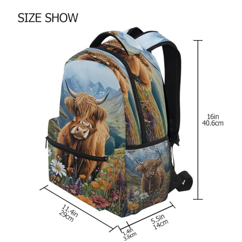 Oil Painting Highland Cow Flower Mountain Backpack for School Boys Girls Adults Kids Bookbag Laptop Bag 18L4