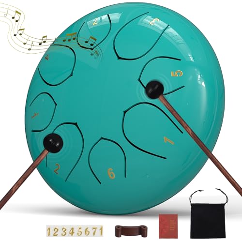 Image of Rain Drum for Outside Garden, 6 Inches 8 Notes Steel Tongue Chakra Drums, Waterproof Meditation Rain Chime, Musical Instruments for Adult Gift with Bag, Music Book, Drum Mallets (Blue)