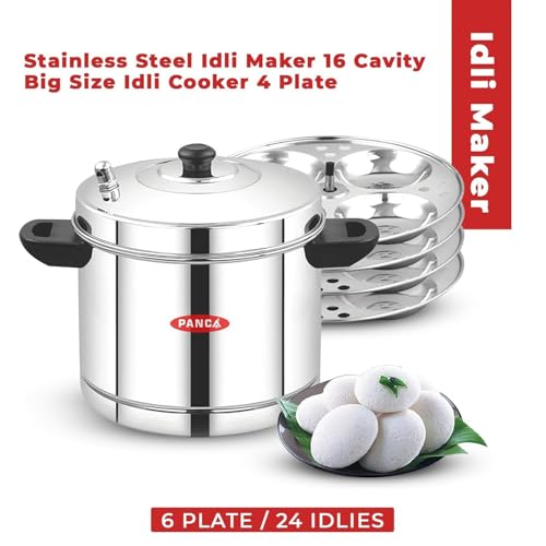 Image of PANCA Stainless Steel Idli Maker 4 Plates | 16 Idlies Steamer for Home Kitchen | Heavy Duty Idli Cooker 15 Litre with Induction & Gas Compatible Base | Multi-Purpose Cookware Pot 4 Plate Idli Maker (4 Plate Idli Cooker)