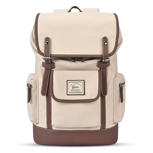 Image of Gear Classic 16.5 inch /21L Medium Water Resistant Faux Leather Anti Theft Knapsack | Laptop Bag | Casual Bag | Travel Bag for Men /Women (Cream - Brown)