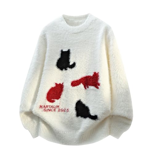 BIBOKAOKE Knitted Jumper Men's Long Sleeve Pullover Oversized Knitted Jumper Crew Neck Puli Kitten Graphic Winter Jumper Knitted Long Sleeve Shirt Autumn Winter Warm Tops, Style#q02 White, M