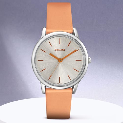 Image of Sonata Excl Fkt Plain 3 Hands Silver Round Dial Orange A1Leather Strap Women's Watch - 8172SL04