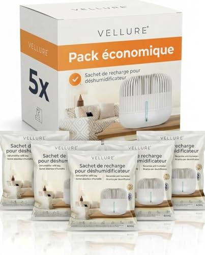 Vellure® Lot de 5 recharges pour déshumidificateur d'air 600 g (avantage économique de 5 déshumidificateurs) I Recharge pour déshumidificateur (protection contre la moisissure et les odeurs)