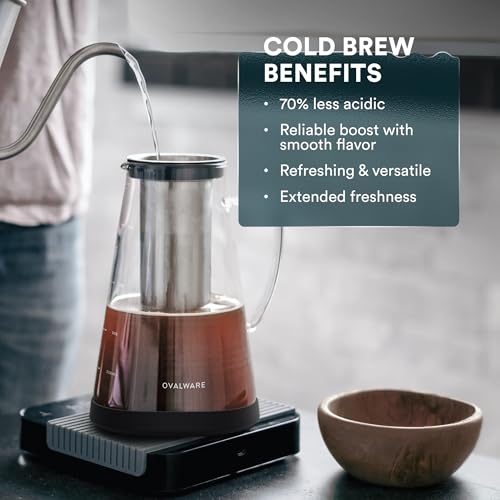 Image of Ovalware RJ3 Airtight Cold Brew Iced Coffee Maker and Tea Infuser with Spout - 1.0L Brewing Glass Carafe with Removable Stainless Steel Filter