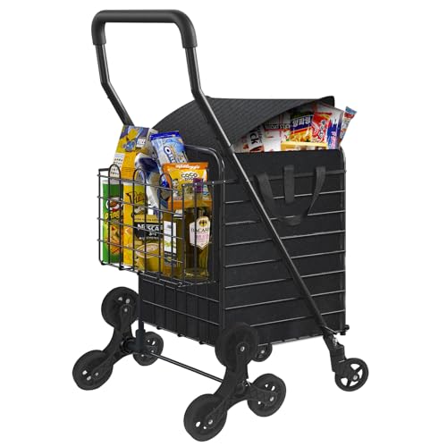 Kiffler Carrito de compras de comestibles con ruedas giratorias de 360° para escalar, carrito utilitario fácilmente plegable con tres ruedas, cubierta de espuma extendida de 66 libras, carrito para