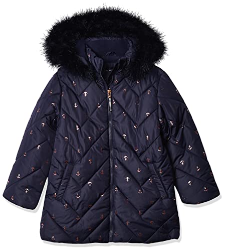 Nautica Girls' Heavyweight Hooded Winter Puffer Coat with Full Length Zipper, Peacoat Chevron, 4