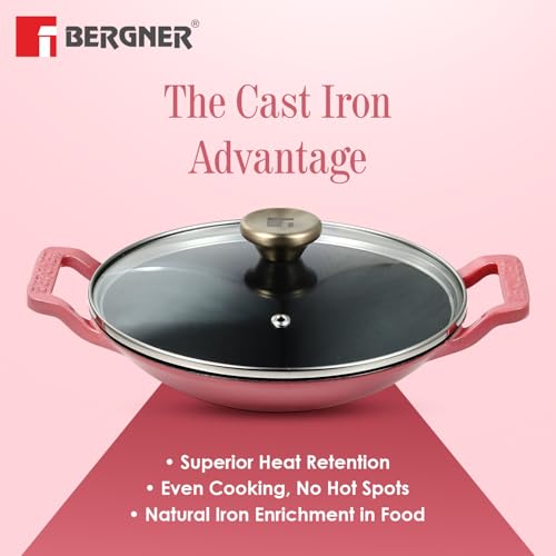 Image of BERGNER Excalibur Lightweight Cast Iron Appachetty with Lid 22cm (1L), Non-Stick Coating, PFAS Free, Perfect Heat Distribution, Elegant Design, Silicone Grips - Induction and Gas Stove Ready (Pink)