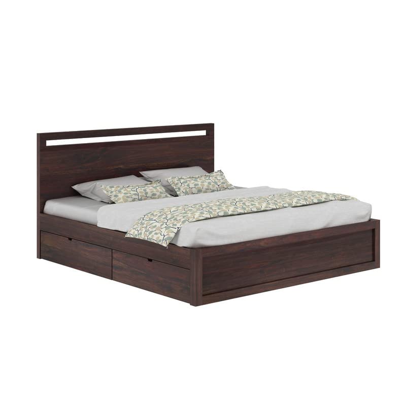 Image of Solid Wood Queen Size Bed for Bedroom | Wooden Furniture Crafted from Premium Sheesham Wood | Elegant Bedroom Double Bed with 4 Drawer Storage | Walnut Finish (80.5X62.5X15 Inches)