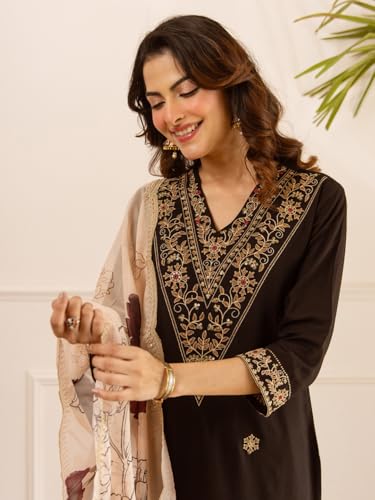 Image of INDO ERA Women's Rayon Viscose Rayon Embroidered Straight Kurta & Salwar with Dupatta Set