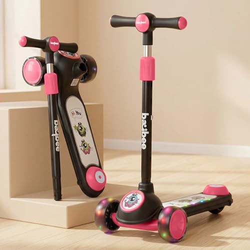 Image of Baybee Rolo Kick Scooter for Kids, 3 Wheel Kids Scooter with 3 Height Adjustable Handle, Music & Rear Brake, Skate Scooters with PU LED Wheels | Runner Scooters for Kid 3+ Years Boys Girls (Black)