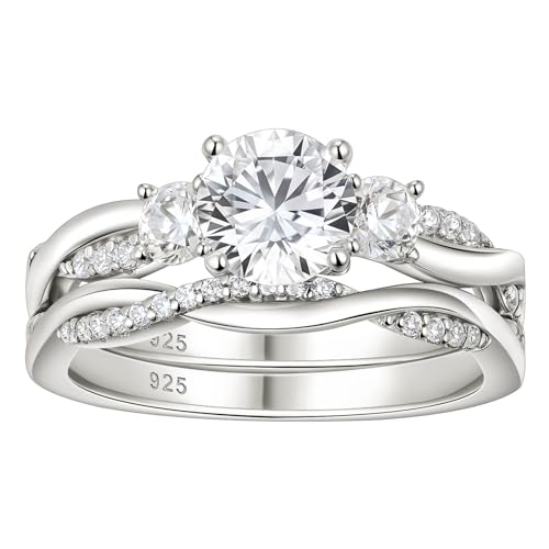 Wuziwen Three Stone Engagement Rings for Women Bridal Sets Wedding Ring for Her Eternity Band CZ 925 Sterling Silver