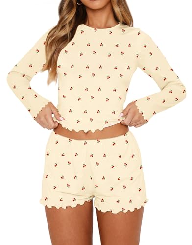 Image of Lacozy Cute Pajama Sets for Women 2 Piece Floral Print Fall Pj Set Woman Long Sleeve Crop Top and Short Y2K Sleep Set