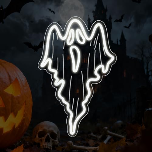 Image of Halloween Decorations Ghost Face LED Neon Sign, Dimmable Neon Light for Game Room Wall Decor Man Cave Birthday Halloween Decor Christmas Gift (16.8in*10.63in)