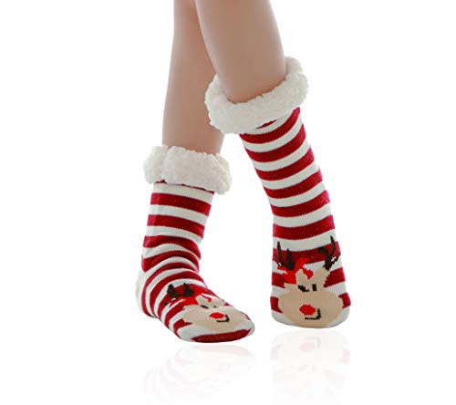 WYTartist Calze a Pantofola Donna Ciabatta da Donna a Maglia Doppia Calzino Furry Foderato in Pile Caldo Antiscivolo Scarponcino Ultra Morbidi (Red Deer)