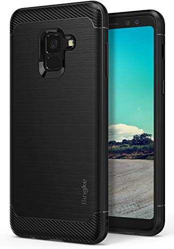 Ringke Onyx Compatible with Galaxy A8 2018 Case Fine Brushed Metal Design Flexible & Slim Dynamic Stroked Line Pattern Trim Durable Anti-Slip TPU Impact Shock-Absorbent Case - Black