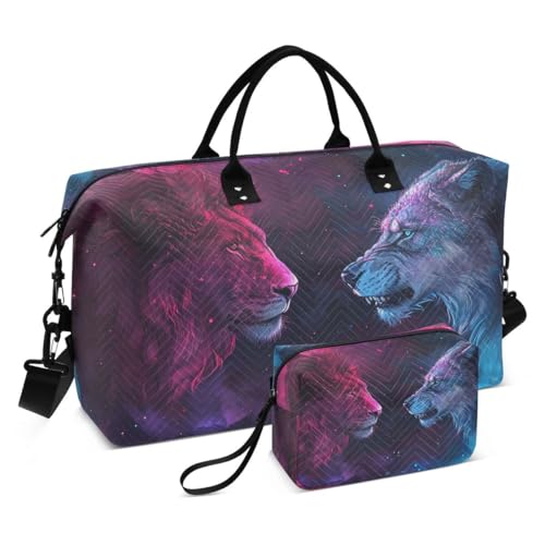 Galaxy Animal Lion Travel Duffle Bag Gym Bag Weekender Bags with Toiletry Bag Travel Trip Tote Bag