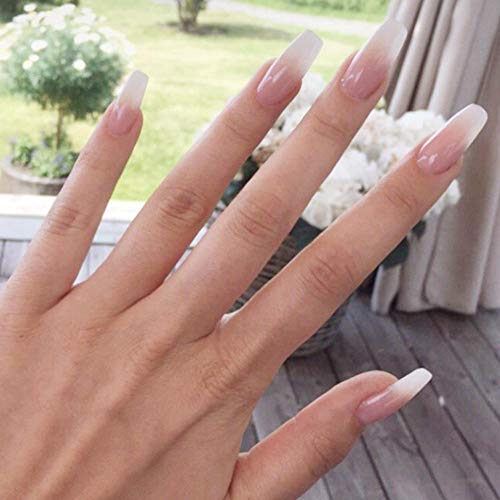 Vogee 24Pcs Glossy Pure Color Fake Nails Medium Long Coffin Shape Full Coverage Removable Wear Press on Acrylic Ballerina False Nails Art Tips for Girls and Women (Milky White)