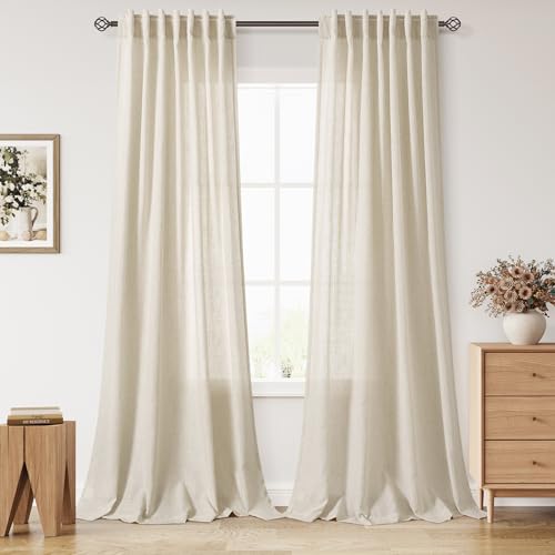 Image of Nanspring Extra Long 120 Inch Curtains for Living Room Birch Beige Linen Light Filtering Semi Sheer Curtain Back Tab Modern Farmhouse Decor Floor to Ceiling High Window for Bedroom 52x120, 2 Panels