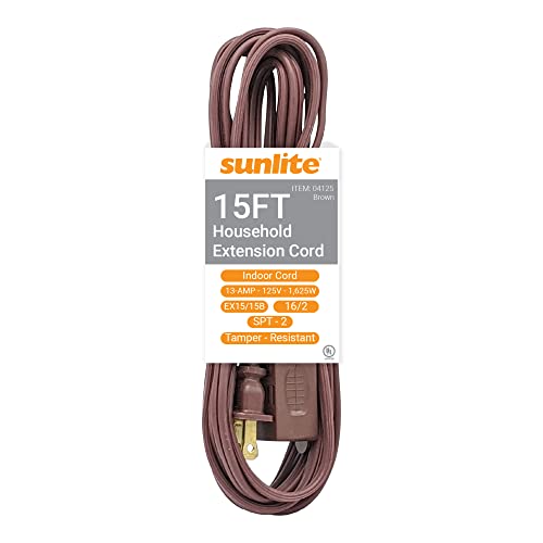 Sunlite 04125-SU 15-Foot Household Extension Cord, Three 2-Prong Polarized Sockets, Tamper Guards, Indoor Use, For Small Appliances, Electronics, Lamps, Fans, Mobile Devices, UL Listed, Brown