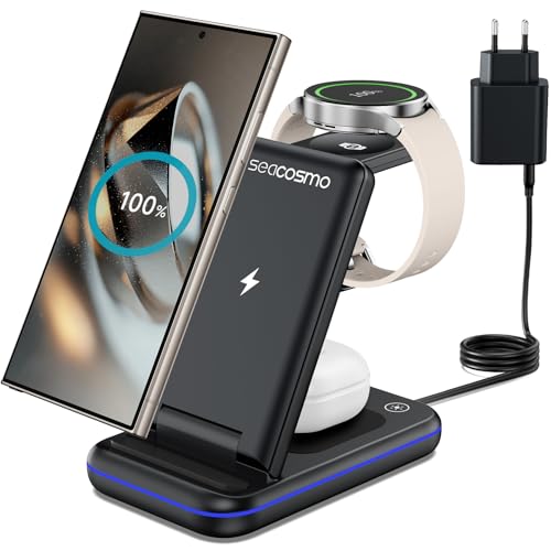 seacosmo - Cargador de inducción para Samsung S25/S24/S23/S22 Plus/Ultra/Z Flip/Z Fold 7/5/3, cargador inalámbrico para Galaxy Watch 8/7 Pro/5/4/Active, estación de carga Galaxy Buds - Negro