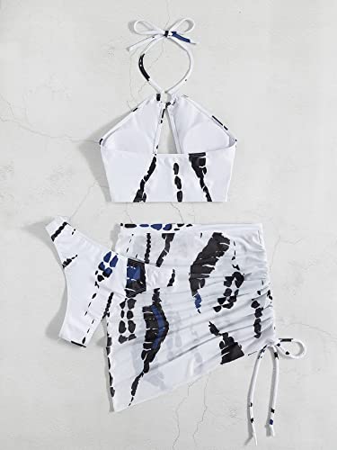 Makemechic Women's 3 Piece Swimsuits Halter Cutout Bikini Set Bathing Suit With Cover Up Skirt Black And White Xl #TOP3