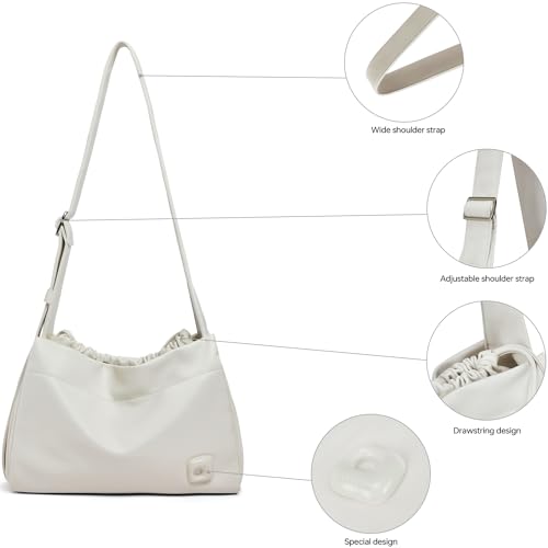 LAFESTIN PU Leather Shoulder Bag For Women, Stylish Women's Shoulder Handbags with Adjustable Strap, Drawstring Closure, Inner Zipper Pocket, Temperament White4