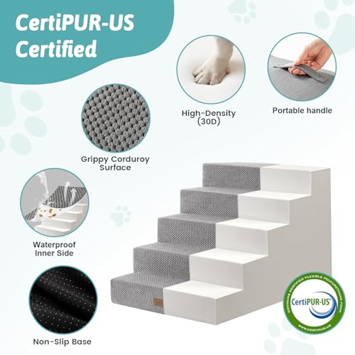 Image of COZY KISS Dog Stairs for Small Dogs 17.7 inch H, 5 Step Gentle Incline Pet Step for Couch and Beds, Right-Angle Dog Ramp for Puppy Doggie Senior Cats, 17.7x29.5x17.7 Inch, Grey