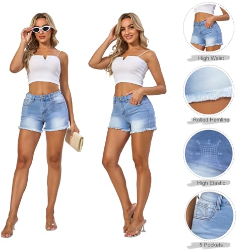 Image of VIPONES Women Mid Rise Jeans Shorts Frayed Raw Hem Summer Stretchy Casual Denim Shorts
