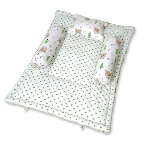 Image of NWF Premium Cotton Baby Bedding Set with Soft Mattress, Pillow & 2 Side Bolsters | Breathable & Comfortable for Infants & Toddlers (0-24 Months) | Unisex Animal Green Print | 26x40 Inches