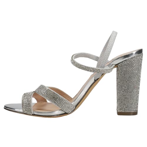 NINA Womens Sarah Rhinestone Strappy Block Dress Sandals High Heel 3" & Up - Silver3