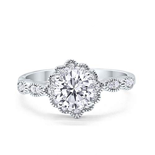 Blue Apple Co. Halo Floral Art Deco Wedding Engagement Ring Round Cubic Zirconia 925 Sterling Silver, Size-10