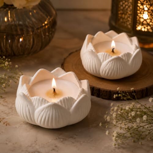 Image of FairyBucket Lotus Scented Candle with Reusable Concrete Tea Light Holder | Vanilla Fragrance Soy Wax Candle | Handcrafted White Lotus Candles for Home Decor, Bedroom, Living Room & Gifting