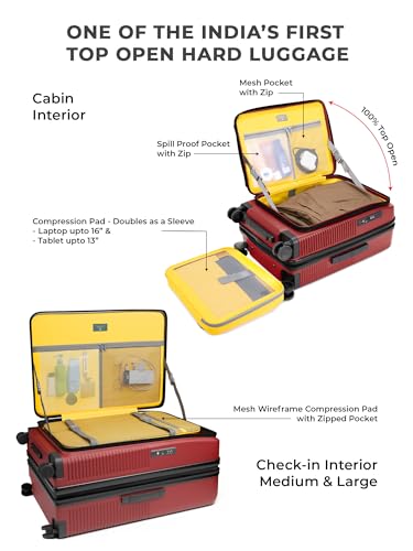 Image of EUME Aerotop Cabin, Checkin Medium & Large Trolley Bag Set of 3 | Space Saving Top Open Suitcase | Expandable Hard Polycarbonate Luggage | TSA Lock, Anti Theft Zipper, Silent Wheels | Carmine Red